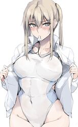  black_shirt blush breasts closed_mouth collarbone covered_navel cowboy_shot female graf_zeppelin_(kancolle) grey_eyes groin hair_between_eyes highres jacket kantai_collection large_breasts long_hair long_sleeves mouth_hold one-piece_swimsuit open_clothes open_jacket shirt simple_background solo swimsuit whistle whistle_around_neck white_background white_jacket white_one-piece_swimsuit zekkyon 