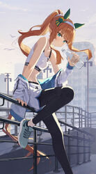  animal_ears bare_shoulders black_leggings bottle ear_covers female flat_chest hairband high_ponytail highres holding holding_bottle horse_ears horse_girl horse_tail leggings leggings_under_shorts long_hair looking_at_viewer midriff navel ningen_gokko orange_hair outdoors shoes shorts silence_suzuka_(umamusume) sitting sneakers solo sports_bra tail umamusume water_bottle white_hairband white_shorts white_sports_bra 