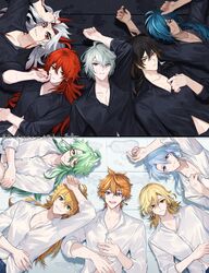  6+boys :d ahoge alhaitham_(genshin_impact) antenna_hair arataki_itto baizhu_(genshin_impact) black_shirt black_vs_white blonde_hair blue_eyes blue_hair bodypaint brown_eyes brown_hair buttons collarbone collared_shirt colored_inner_hair commentary_request crossed_bangs dark-skinned_male dark_skin diluc_(genshin_impact) earrings eyepatch eyes_visible_through_hair facepaint genshin_impact glasses green_eyes green_hair grey_hair hair_between_eyes hair_down hair_intakes hair_ornament hair_over_one_eye hair_stick hand_up highres hiki_yuichi horns jewelry kaeya_(genshin_impact) kamisato_ayato kaveh_(genshin_impact) long_hair long_sleeves looking_at_viewer lying male_focus mole mole_under_mouth multicolored_hair multiple_boys on_back one_eye_covered open_clothes open_collar open_mouth orange_hair parted_bangs parted_lips pectoral_cleavage pectorals puddle purple_eyes red_eyes red_hair red_horns semi-rimless_eyewear shirt short_hair single_earring sleeves_rolled_up smile smirk streaked_hair stud_earrings swept_bangs tartaglia_(genshin_impact) teeth thick_eyebrows thoma_(genshin_impact) tile_floor tiles under-rim_eyewear upper_teeth_only water wet wet_clothes wet_shirt white_hair white_shirt zhongli_(genshin_impact) 