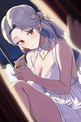  babydoll blurry blurry_foreground bokeh breasts character_request cleavage commission cup curtains depth_of_field dutch_angle eating female flower hair_flower hair_ornament highres holding holding_cup jewelry knees_to_chest large_breasts lingerie looking_at_viewer necklace night night_sky nightgown novelpia opening_curtains ponytail pov pov_hands red_eyes sky toothpick twin_(tt_lsh) underwear white_babydoll white_hair white_nightgown window 