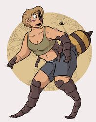  2019 animal_humanoid anthro arm_growth arthropod arthropod_humanoid asymmetrical_transformation bee bee_humanoid belt black_eyes blush bottomwear brown_hair clothing cutoffs denim denim_bottomwear denim_clothing dondedun eye_contact female flower growth hair human human_to_anthro humanoid hymenopteran hymenopteran_humanoid insect_humanoid insects limb_growth looking_at_another mammal mid_transformation midriff navel open_mouth plant short_hair shorts simple_background solo species_transformation standing stinger stinger_(anatomy) sunflower tomboy transformation 