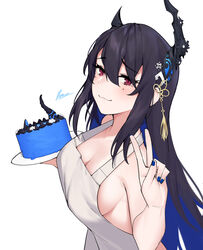  absurdres apron asymmetrical_horns bare_shoulders birthday birthday_cake black_hair blue_hair breasts cake colored_inner_hair dasdokter demon_horns female food highres hololive hololive_english horns large_breasts long_hair looking_at_viewer mole mole_under_eye multicolored_hair nail_polish naked_apron nerissa_ravencroft red_eyes two-tone_hair uneven_horns virtual_youtuber white_apron 