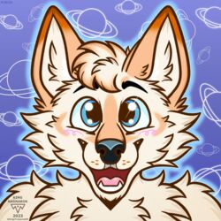  1:1 2023 ambiguous_gender anthro black_nose blue_background blue_eyes blush blush_lines canid canine canis digital_media_(artwork) fur hi_res icon kingstreasures looking_at_viewer mammal open_mouth open_smile saturn_(planet) simple_background smile solo symmetry watermark white_body white_fur wolf 