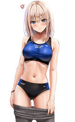  anger_vein annoyed black_buruma blue_eyes blue_sports_bra breasts buruma clothes_pull commentary_request female grey_pants highres looking_at_viewer medium_breasts navel original pants pants_pull solo sports_bikini sports_bra stomach track_and_field track_pants track_uniform undressing white_background white_hair yukemuriganmo 