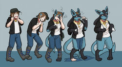  anthro black_body black_fur blue_body blue_fur breast_growth breasts brown_hair chest_spike clothed clothing collar collar_tag colored female five_frame_sequence fur gender_transformation generation_4_pokemon growth hair heart_collar_tag human human_to_anthro linear_sequence lucario male mammal marzipanrose mind_alteration mtf_transformation nintendo pokemon pokemon_(species) sequence small_breasts solo species_transformation spikes spikes_(anatomy) tail tail_growth torn_clothing transformation transformation_sequence yellow_body yellow_fur 