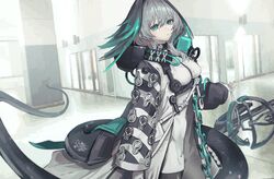  absurdres aqua_eyes aqua_wings arknights black_pantyhose black_wings breasts coat commentary_request feathered_wings female fingerless_gloves gloves grab_pigeon grey_hair hair_between_eyes head_wings highres ho&#039;olheyak_(arknights) infection_monitor_(arknights) long_coat long_hair long_tail looking_at_viewer medium_breasts open_clothes open_coat pantyhose parted_lips snake_tail solo tail two-tone_wings wings 