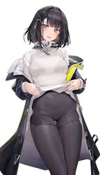  arknights arknights:_endfield black_coat black_hair blush cameltoe chinese_commentary clothes_lift coat commentary_request endministrator_(arknights) female female_endministrator_(arknights) grey_eyes hair_ornament hairclip highres lifting_own_clothes light_blush long_sleeves looking_at_viewer md5_mismatch medium_hair open_clothes open_mouth pantyhose pantyhose_under_shorts presenting ru_zhai shirt_lift shorts simple_background smile solo standing sweater sweater_lift thigh_gap white_background zipper_pull_tab 