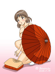  breasts brown_eyes brown_hair chestnut_mouth chiyoda_(kancolle) covering_breasts covering_privates dated female geru gradient_background headband kantai_collection nude oil-paper_umbrella short_hair socks solo tabi twitter_username umbrella unworn_clothes white_background white_socks 