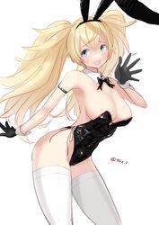  alternate_costume animal_ears black_gloves black_leotard blonde_hair bow bowtie breasts cleavage detached_collar female gambier_bay_(kancolle) gloves green_eyes highres kantai_collection leotard long_hair medium_breasts one-hour_drawing_challenge playboy_bunny rabbit_ears rabbit_tail simple_background solo strapless strapless_leotard tail tetsukuzu_(yajirushi_shita) thighhighs twintails twitter_username white_background white_thighhighs wrist_cuffs 