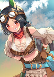  animal_ears belt black_hair blue_belt blue_sky blush breasts brown_gloves cleavage cloud cloudy_sky commentary_request cowboy_shot dirty dirty_face ear_ornament female frilled_shirt frilled_skirt frills gloves goggles goggles_on_head grin hands_on_own_hips highres horse_ears horse_girl horse_tail large_breasts looking_at_viewer official_alternate_costume outdoors partial_commentary red_eyes shirt short_hair skirt sky smile solo tail umamusume winning_ticket_(dream_deliverer)_(umamusume) winning_ticket_(umamusume) yuutopia 