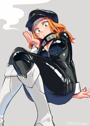  black_bodysuit black_hat blonde_hair bodysuit boku_no_hero_academia boots breasts brown_eyes cleavage female grey_background hat latex latex_bodysuit long_hair medium_breasts ohhhhhhtsu peaked_cap solo superhero_costume utsushimi_kemii white_footwear zipper_pull_tab 