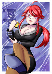  ahoge arm_under_breasts artist_name black_choker black_jacket black_skirt breasts brown_pantyhose character_name choker cleavage clip_studio_paint_(medium) collarbone conde-milenario female formal glasses high_heels highres holding holding_poke_ball jacket large_breasts long_hair long_sleeves lorelei_(pokemon) pantyhose pencil_skirt poke_ball pokemon pokemon_lgpe ponytail red_eyes red_hair side_slit sidelocks skirt solo swept_bangs ultra_ball 