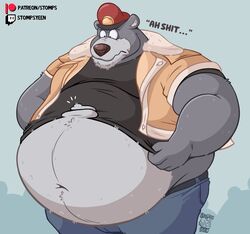  2023 anthro baloo bear belly belt big_belly blue_background bottomwear clothed clothing denim denim_bottomwear denim_clothing dialogue disney english_text eyebrows frown fur hat headgear headwear hi_res jacket jeans looking_down male mammal moobs navel obese obese_anthro obese_male open_clothing open_jacket open_topwear overweight overweight_anthro overweight_male pants patreon profanity shirt simple_background sloth_bear solo standing stompsyeen talespin text the_jungle_book topwear torn_clothing torn_shirt torn_topwear tuft twitch.tv url ursine wardrobe_malfunction watermark 