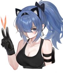  absurdres animal_ear_headwear animal_ears arm_holster black_gloves black_hairband black_sports_bra blue_hair blush breasts cat_ears cleavage collarbone commentary cropped_torso dokomon earrings fake_animal_ears female gloves hair_over_one_eye hairband highres jewelry leona_heidern looking_at_viewer medium_breasts one_eye_covered pink_hair simple_background solo sports_bra sweatdrop the_king_of_fighters triangle_earrings upper_body v white_background 