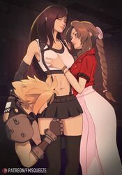  1boy 2girls abs absurdres aerith_gainsborough bisexual_female blonde_hair braid braided_ponytail breasts brown_hair cloud_strife crop_top cropped_jacket dress english_commentary final_fantasy final_fantasy_vii final_fantasy_vii_remake fmsqueeze grabbing grabbing_another&#039;s_breast highres jacket midriff miniskirt multiple_girls navel pink_dress red_jacket skirt spiked_hair suspenders thigh_grab thigh_worship thighhighs tifa_lockhart toned 