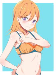  borgbutler bra closed_mouth collarbone commentary_request female hair_between_eyes highres love_live! love_live!_superstar!! medium_hair navel orange_bra orange_hair purple_eyes shibuya_kanon smile solo stomach underwear upper_body 