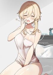  bare_arms bare_legs bare_shoulders bed blonde_hair blush bottomless breasts closed_eyes female genshin_impact hair_between_eyes highres kuromu_shado legs lumine_(genshin_impact) naked_shirt no_bra open_mouth pillow shirt short_hair short_hair_with_long_locks sidelocks sitting sleepy squeans thighs waking_up white_shirt yawning 