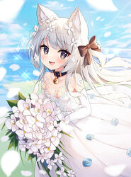  :d animal_ear_fluff animal_ears bell black_bow black_collar blue_flower blue_sky blurry blurry_foreground blush bouquet bow breasts bridal_gauntlets bright_pupils caron_(straycat910) cleavage cloud collar collarbone day diamond-shaped_pupils diamond_(shape) dress dress_flower eyelashes falling_petals female floating_hair floral_print flower grey_eyes grey_hair hairbow holding holding_bouquet horizon jingle_bell long_hair looking_at_viewer neck_bell ocean one_side_up open_mouth original petals plant sky small_breasts smile solo sparkle strapless strapless_dress sunlight swept_bangs symbol-shaped_pupils teeth tongue upper_teeth_only water wedding_dress white_dress white_flower white_hair white_petals white_pupils 