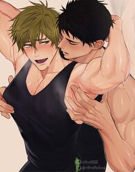  2boys armpit_crease armpits bara black_hair black_tank_top blush brown_hair closed_eyes couple covered_nipples free! green_eyes highres kinktober large_pectorals looking_at_another male_focus multiple_boys muscular muscular_male open_mouth patreon_username pectorals riffraffhellyea short_hair sweat tachibana_makoto tank_top twitter_username yamazaki_sousuke yaoi 