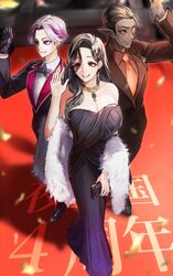  black_hair breasts brown_hair cleavage dark-skinned_male dark_skin dress elf eyeshadow formal fuwa_minato gloves gradient_hair grey_hair gwelu_os_gar hair_ornament highres jacket jewelry large_breasts long_hair long_sleeves makeup mole mole_on_neck multicolored_hair multiple_boys nekotokage night_kingdom_(nijisanji) nijisanji open_mouth orange_eyes orange_eyeshadow pants pink_hair pointy_ears purple_dress purple_eyes purple_hair red_eyes shirayuki_tomoe shirt short_hair sleeveless sleeveless_dress smile streaked_hair suit virtual_youtuber white_hair 