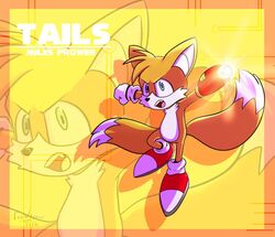  2019 2_tails anthro blue_eyes border canid canine clothing detailed_background drfoxweyman drjoshfox footwear fox fur male mammal mega_buster multi_tail open_mouth orange_body orange_border orange_fur red_clothing red_footwear red_shoes sega sharp_teeth shoes simple_background socks solo sonic_the_hedgehog_(series) tail tails teeth teeth_showing tongue_showing white_body white_clothing white_footwear white_fur white_shoes white_socks yellow_background 