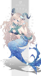  :d animal_ears backless_outfit bikini bikini_top_only black_bikini blue_bow blue_bowtie blue_eyes blue_nails bow bowtie bracelet breasts capricorn_(symbol) capricorn_(zodiac) cleavage detached_collar female flower frills full_body fur_cuffs goat_ears goat_girl goat_horns goat_tail green_tail hair_between_eyes hair_flower hair_ornament halterneck hand_on_own_chest hand_up highres horn_bow horn_ornament horns jewelry konataeru light_brown_hair long_hair mermaid monster_girl nail_polish original shadow smile sparkle swept_bangs swimsuit wavy_hair wrist_cuffs zodiac 