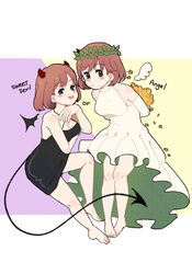  2girls angel angel_and_devil angel_wings arms_behind_back bare_legs barefoot black_dress black_wings blush bob_cut breasts brown_hair cleavage demon_girl demon_tail demon_wings detached_wings dress dual_persona elbow_gloves english_text fe_rune floating flower frilled_dress frills full_body gloves halter_dress halterneck head_wreath high-low_skirt highres horns knee_up looking_at_viewer medium_breasts multiple_girls pencil_dress protagonist_(tokimemo_gs3) purple_background red_horns short_hair sleeveless sleeveless_dress smirk tail tokimeki_memorial tokimeki_memorial_girl&#039;s_side_3rd_story white_background white_dress white_gloves white_wings wings yellow_background yellow_flower 