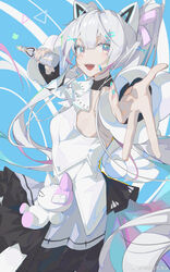  animal_ears antenna_hair aqua_eyes aqua_nails ascot bare_shoulders black_skirt blue_background breasts cat_ears center-flap_bangs chinese_commentary commentary cowboy_shot detached_sleeves detached_wings dress eyepatch fake_animal_ears female from_side hair_ornament hair_ribbon hairclip highres holding holding_microphone idol karenina:_scire_(punishing:_gray_raven) karenina_(punishing:_gray_raven) kylin_47 layered_skirt layered_sleeves light_blush long_hair looking_at_viewer looking_to_the_side low_wings mechanical_ears medical_eyepatch microphone music nail_polish official_alternate_costume open_mouth pink_eyes pink_nails pink_ribbon pleated_skirt punishing:_gray_raven reaching reaching_towards_viewer ribbon sideboob singing skirt sleeveless sleeveless_dress small_breasts solo stitches stuffed_animal stuffed_cat stuffed_toy twintails two-tone_eyes two-tone_nails weibo_logo weibo_watermark white_ascot white_dress white_hair white_sleeves white_wings wings x_hair_ornament 