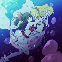  2girls air_bubble alternate_costume ankle_garter bead_bracelet beads bikini black_hair blonde_hair bow bracelet bubble commentary_request flower flower_bikini fuwafurin hairbow hakurei_reimu hand_on_another&#039;s_back highres holding_hands interlocked_fingers jewelry kirisame_marisa light_blush long_hair mermaid monster_girl monsterification multiple_girls open_mouth red_bow red_flower red_rose rose shell shell_bikini smile swimsuit touhou underwater yuri 