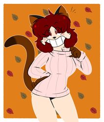  2019 4_fingers anthro autumn autumn_leaves bangs bar_emanata bean_mouth black_ears black_emanata black_markings black_nose border bottomless bottomless_anthro bottomless_female breasts brown_inner_ear brown_markings brown_tail cat_tail cheek_tuft clothed clothing collar collar_pull colored contrapposto digital_drawing_(artwork) digital_media_(artwork) dipstick_tail domestic_cat emanata eye_through_hair eyebrow_through_hair eyebrows eyelashes eyelashes_through_hair facial_tuft felid feline felis female fingers fur gloves_(marking) hair hand_on_hip happy hi_res hip_tuft kabula_(artist) leaf leaf_background long_tail looking_at_viewer mammal markings no_pupils open_mouth open_smile orange_background outline partially_clothed partially_clothed_anthro partially_clothed_female pink_clothing pink_sweater pink_topwear prick_ears priscilla_(kabula) red_eyes red_hair simple_background smile solo sweater sweater_only tail tail_markings tan_tuft topwear topwear_only translucent translucent_hair tuft white_border white_outline 