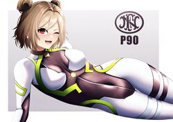  absurdres ass_visible_through_thighs border breasts brown_hair character_name company_logo covered_navel double_bun female girls&#039;_frontline hair_bun hair_ornament highres looking_at_viewer lying medium_breasts medium_hair navel on_side one_eye_closed open_mouth p90_(girls&#039;_frontline) plugsuit red_eyes solo sparkle white_border yan_kodiac 