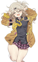  bandaid bandaid_on_clothes black_shirt cardigan facing_viewer female good_thighs_day highres kasukabe_tsumugi loose_necktie necktie one_side_up open_cardigan open_clothes scrunchie shirt thighs voicevox white_leg_warmers wrist_scrunchie yappen yellow_cardigan yellow_necktie 