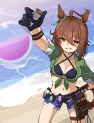  agnes_tachyon_(lunatic_lab)_(umamusume) agnes_tachyon_(umamusume) ahoge animal_ears arm_up armband bad_id bad_pixiv_id beach bikini black_bikini black_gloves breasts brown_bag cleavage commentary_request cork cowboy_shot criss-cross_halter denim denim_shorts ear_ornament female flask gloves grin hair_between_eyes halterneck hand_on_own_hip highres holding holding_flask horse_ears horse_girl horse_tail jacket kii-kun_(agnes_tachyon)_(umamusume) medium_breasts navel ocean official_alternate_costume official_alternate_hairstyle open_clothes open_fly open_shorts outdoors quraqura_nemii red_eyes round-bottom_flask sand short_hair shorts single_glove sleeves_rolled_up smile solo swimsuit tail teeth test_tube thigh_strap tied_jacket umamusume water 