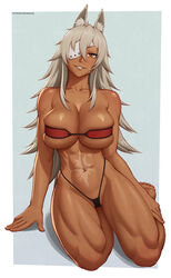  abs absurdres bandeau bare_shoulders barefoot black_panties border breasts brown_eyes cleavage collarbone dark-skinned_female dark_skin eyepatch feet female ghislaine_dedoldia grey_background grey_hair hand_on_own_leg hand_rest highleg highleg_panties highres large_breasts long_hair mangho muscular muscular_female mushoku_tensei navel one-eyed panties parted_lips patreon_username red_bandeau scar scar_on_cheek scar_on_face scar_on_stomach sitting skindentation smile solo stomach thick_thighs thighs toes toned underwear white_border yokozuwari 