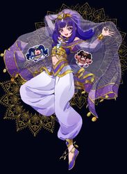  3girls :d arabian_clothes black_background black_hair blue_gemstone blue_hair bracelet chibi chibi_inset commentary_request cropped_shirt dancer full_body garara_s_leep gem gold_trim hanazono_shuka highres idol_clothes idol_time_pripara jewelry jigoku_mimiko long_hair looking_at_viewer midriff multiple_girls open_mouth pants ponytail pretty_series pripara puffy_pants purple_eyes purple_footwear purple_hair purple_shirt red_eyes ring shirt shoes sidelocks smile solo_focus standing standing_on_one_leg tiara twintails very_long_hair white_pants white_veil yadehi 