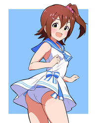  absurdres ass blue_background blue_neckerchief blue_sailor_collar breasts brown_hair commentary_request commission dress female hair_between_eyes hair_ornament hairclip highres idolmaster idolmaster_million_live! kasuga_mirai light_blush looking_at_viewer looking_back neckerchief nejime_(nejimeinu) official_alternate_costume one-piece_swimsuit open_mouth outside_border pink_scrunchie sailor_collar sailor_one-piece_swimsuit sailor_swimsuit_(idolmaster) scrunchie side_ponytail sidelocks skeb_commission sleeveless small_breasts smile solo swimsuit thighs white_dress yellow_eyes 