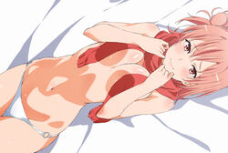  bed_sheet bikini bikini_bottom_only blush breast_suppress breasts closed_mouth clothes_lift commentary_request female hair_bun highres looking_at_viewer lying medium_breasts navel on_back pink_hair red_eyes red_shirt shirt shirt_lift short_hair shou937 single_hair_bun single_side_bun solo swimsuit undressing white_bikini yahari_ore_no_seishun_lovecome_wa_machigatteiru. yuigahama_yui 