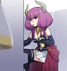  aura_(sousou_no_frieren) aura_bullying_(meme) black_gloves black_thighhighs breasts can cigarette cleavage commentary crossed_legs elbow_gloves female gloves grey_eyes heebee holding holding_can horns long_hair low-braided_long_hair low-tied_long_hair medium_breasts meme pachinko purple_hair sitting skirt smoking solo sousou_no_frieren thighhighs white_skirt zettai_ryouiki 