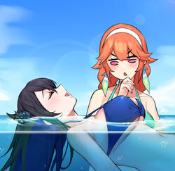  2girls afloat aqua_bikini bare_shoulders bikini black_hair blue_bikini blue_hair blush breast_awe breasts colored_inner_hair dasdokter demon_horns hairband highres hololive hololive_english horns large_breasts long_hair looking_at_breasts multicolored_hair multiple_girls nerissa_ravencroft orange_hair partially_submerged partially_underwater_shot smile swimming swimsuit takanashi_kiara takanashi_kiara_(casual) two-tone_hair virtual_youtuber water white_hairband 