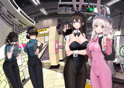  4girls animal_ears black_hair black_pantyhose blue_eyes blush bodysuit bow bowtie breasts cellphone collared_shirt covered_navel dduck_kong detached_collar fake_animal_ears feet_out_of_frame fisheye food_delivery_box gloves grey_hair grin hair_ornament hair_over_eyes hanging_light hat highres holding holding_phone holding_tablet_pc insulated_delivery_bag ipad large_breasts leotard long_hair looking_at_viewer multiple_girls necktie no_eyes original pants pantyhose phone pillar pink_bodysuit pink_eyes playboy_bunny police police_uniform policewoman rabbit_ears shirt shirt_tucked_in smartphone smile stairs standing strapless strapless_leotard subway_station super_bunny_(dduck_kong) sweatdrop tablet_pc tactile_paving uber_eats uniform watch wrist_cuffs wristwatch 