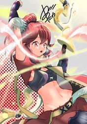  absurdres alternate_costume anna_(fire_emblem) arm_up bow_(weapon) commentary_request crop_top female fire_emblem fire_emblem_engage fist_pump high_ponytail highres holding holding_bow_(weapon) holding_weapon medaka_digital midriff navel open_mouth red_eyes red_hair solo teeth upper_body upper_teeth_only weapon 