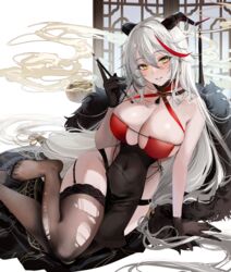  absurdres aegir_(azur_lane) aegir_(golden_dragon_among_auspicious_clouds)_(azur_lane) arm_support azur_lane bare_arms bare_shoulders black_dress black_garter_straps black_gloves black_thighhighs blush breasts calligraphy_brush china_dress chinese_clothes cleavage commentary_request covered_navel criss-cross_halter dragon_horns dress earrings feet female foot_out_of_frame garter_straps gloves hair_between_eyes halterneck hand_up highres holding holding_calligraphy_brush holding_paintbrush horn_ornament horns incense jewelry leaning_to_the_side legs long_hair momokan_(kandume200) multicolored_hair no_shoes official_alternate_costume paintbrush panty_straps parted_lips pelvic_curtain red_dress red_hair sitting sleeveless sleeveless_dress slit_pupils smile smoke solo streaked_hair tassel thighhighs thighs toes torn_clothes torn_thighhighs two-tone_dress variant_set white_background white_hair yellow_eyes yokozuwari 