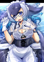  apron black_bra blowhole blue_eyes blue_hair blue_whale_(kemono_friends) blush bra breasts cetacean_tail cleavage corset dress female fins fish_tail glasses gloves grey_hair hair_ornament highres kemono_friends kemono_friends_3 large_breasts long_hair looking_at_viewer maid_apron multicolored_hair open_mouth see-through sekiguchi_miiru smile sweater tail underwear 