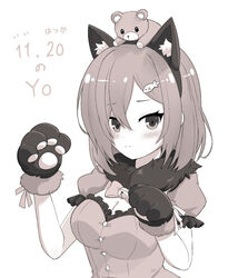  animal_ear_fluff animal_ears animal_hands assault_lily blush breasts buttons cat_ears cat_paws cleavage cleavage_cutout closed_mouth clothing_cutout commentary_request date_pun fake_animal_ears female fish_hair_ornament frilled_shirt frilled_sleeves frills fur-trimmed_shirt fur_trim gloves greyscale hair_between_eyes hair_ornament hairband hairclip hands_up hatsukano_you inoguchi_minto looking_at_viewer medium_breasts medium_hair monochrome number_pun object_on_head paw_gloves puffy_short_sleeves puffy_sleeves shirt short_sleeves simple_background solo stuffed_animal stuffed_toy teddy_bear translated upper_body white_background 