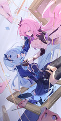  2girls absurdres ai_dongdong black_gloves blue_eyes blue_hair breasts broken_mirror cleavage clock elysia_(honkai_impact) elysia_(miss_pink_elf)_(honkai_impact) glass_shards gloves hair_ornament herrscher_of_corruption highres honkai_(series) honkai_impact_3rd long_hair looking_at_another mirror multiple_girls pink_hair pink_pupils pointy_ears red_eyes roman_numeral smile very_long_hair white_gloves 