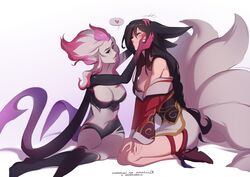  2girls ahri_(league_of_legends) animal_ears artist_name bare_shoulders black_sclera black_skin breasts cleavage closed_eyes closed_mouth colored_sclera colored_skin commission commissioner_name crossed_legs dreamcharlie evelynn_(league_of_legends) facial_mark fox_ears fox_tail from_side grey_hair happy heart highres large_breasts league_of_legends looking_at_another multiple_girls off_shoulder petting pink_hair pink_skin seiza shiny_skin sitting smile spoken_heart tail whisker_markings yuri 