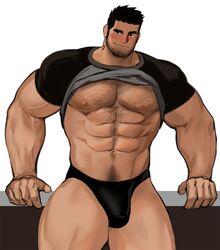  1boy abs bara bare_pectorals black_hair black_male_underwear black_shirt blush bulge chest_hair closed_mouth clothes_lift dopey_(dopq) facial_hair grey_shirt highres large_pectorals lucas_lee male_focus male_underwear muscular muscular_male navel neck_tattoo nipples number_tattoo pectorals scott_pilgrim_(series) scott_pilgrim_takes_off shirt shirt_lift short_hair smile solo tattoo two-tone_shirt underwear 