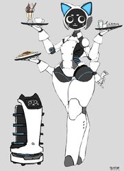  2023 4_arms :3 anthro anthrofied ball_joints bellabot dessert domestic_cat duo felid feline felis female flat_colors food full-length_portrait grey_background hi_res holding_object ice_cream japanese_description japanese_text machine mammal multi_arm multi_limb multiple_images pasta portrait pudu_robotics receipt robot robot_anthro screen screen_face serving_tray simple_background spaghetti stubby_legs tailless tanagi_boboboei text thick_thighs waiter white_body wide_hips 