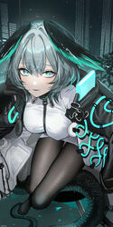  aqua_eyes arknights black_pantyhose breasts coat dress female fine_fabric_emphasis grey_hair hair_between_eyes haruri head_wings highres ho&#039;olheyak_(arknights) large_breasts long_sleeves looking_at_viewer moire no_shoes pantyhose smile snake_tail solo tail white_dress wings 