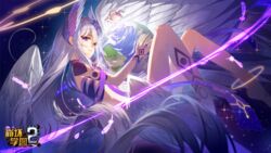  alaya_(benghuai_xueyuan) barefoot benghuai_xueyuan copyright_name earth_(planet) feathered_wings feathers female halo head_wings highres holding_planet honkai_(series) long_hair official_art planet purple_eyes second-party_source tattoo white_hair wings 